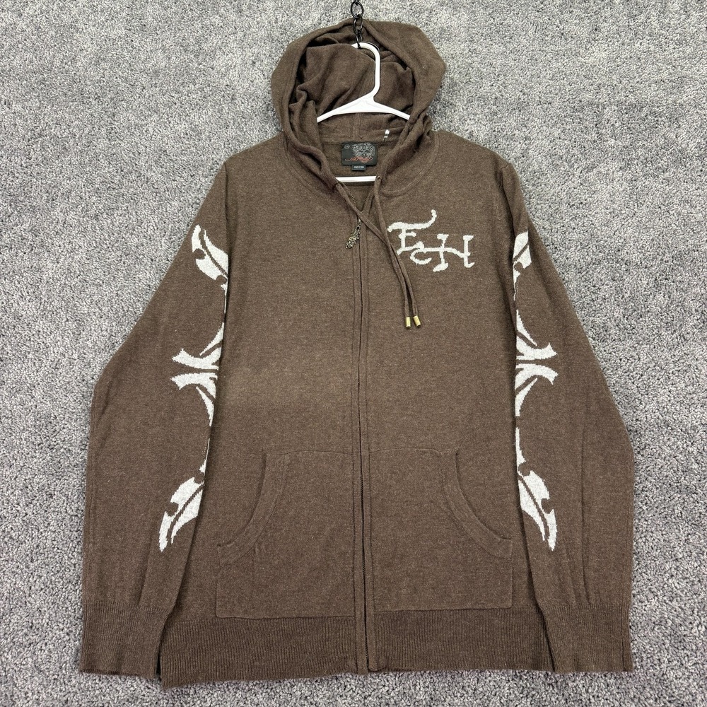 Ed Hardy Sweater Mens XL Brown Hooded Full Zip Tattoo Skull Graphic Knit Logo